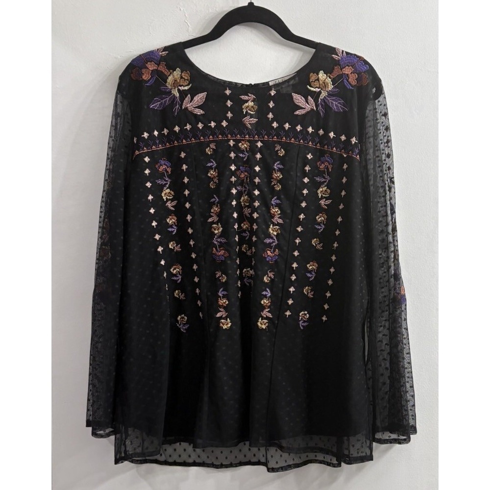 Style & Co Women 1X Black Sheer Chiffon Blouse Floral Embroidered Whimsigoth Boh
